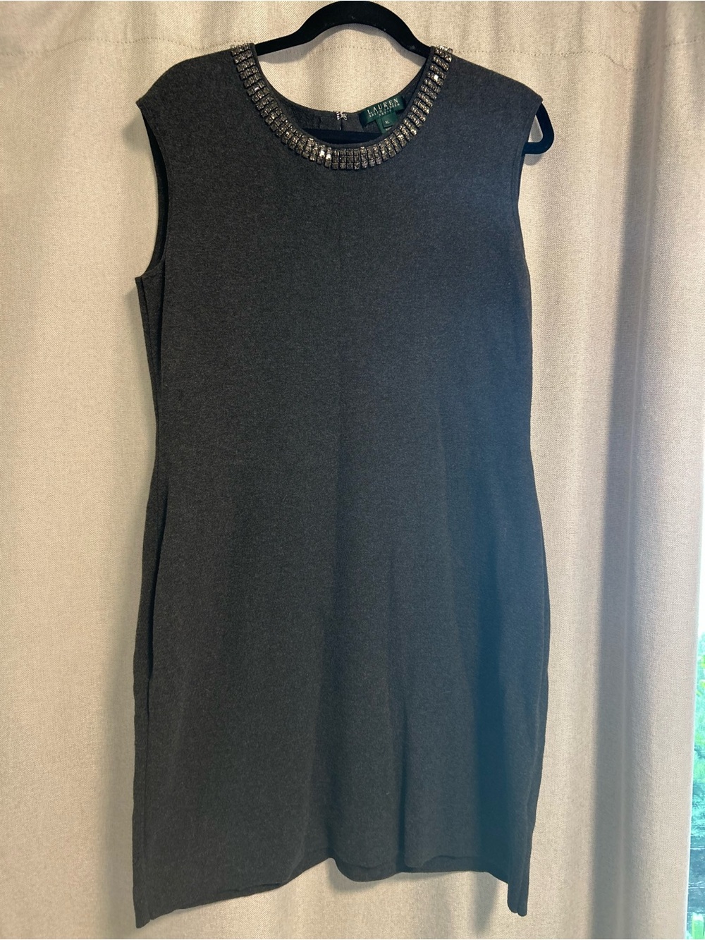 Ralph Lauren Gray Jewel-Trim Crewneck Dress